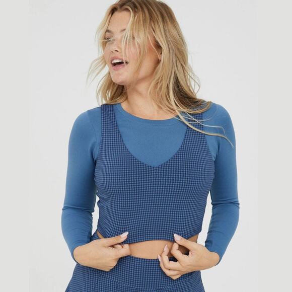 OFFLINE By Aerie Women's Mini Houndstooth V-Neck Longline Sports Bra Blue Medium - Picture 1 of 7
